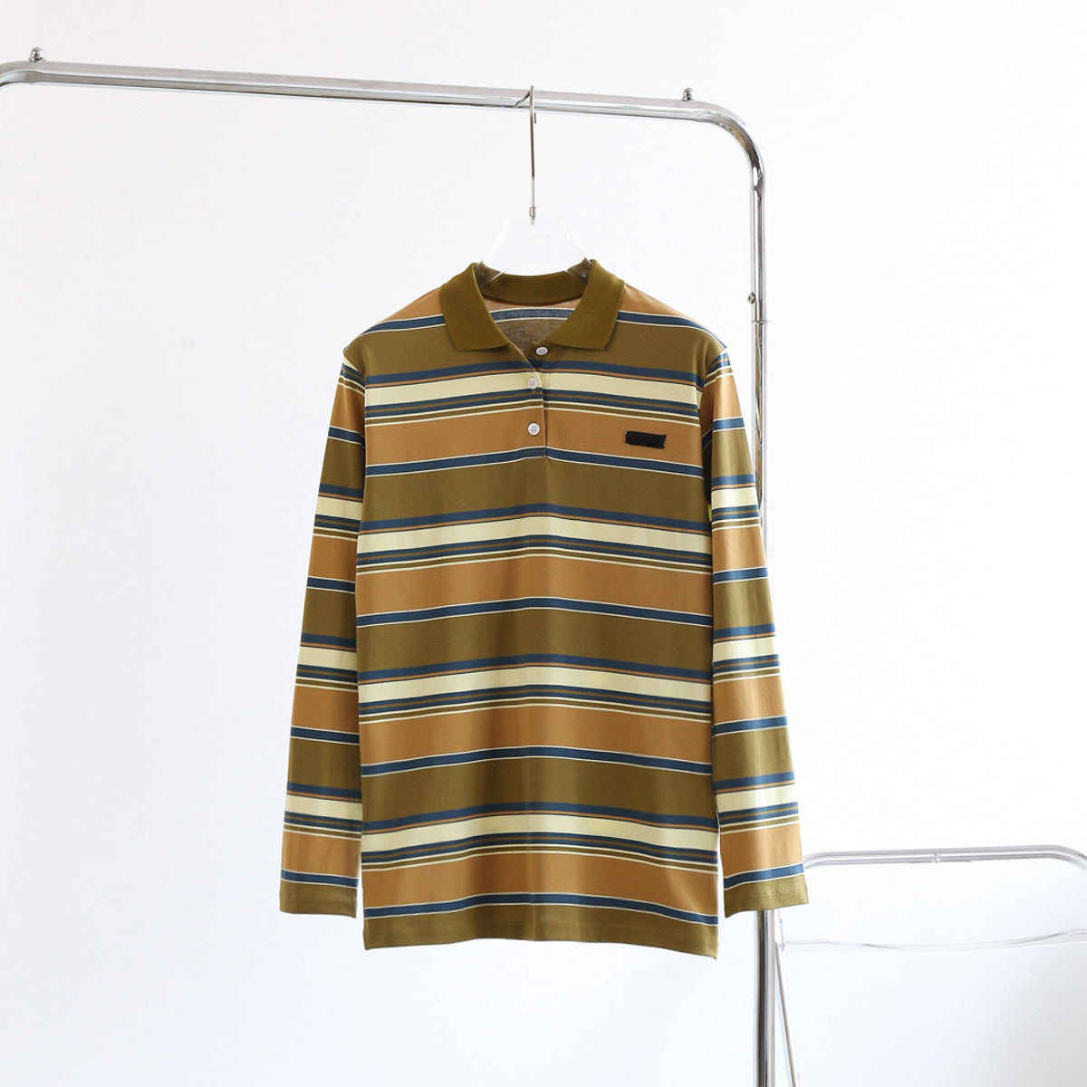 mvrsgreen y2k mm Couple Contrast Color Striped Polo Collar Long-Sleeved T-shirt 2024 Early Autumn Men's and Women's Same Oversize Mid-Length T-shirt