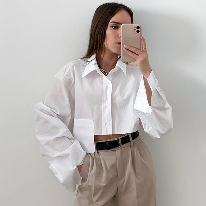 mvrsgreen 2024 fall fashion trends Asymmetric Stitching Short White Shirt 2024 Autumn New Style Navel-Exposed Fashion Casual Temperament Design Women's Clothing