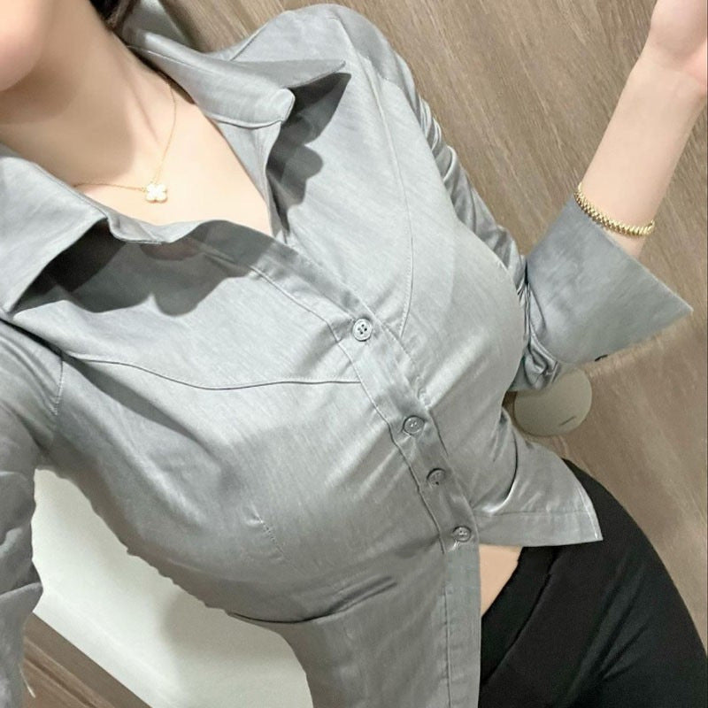 mvrsgreen buisnesscore outfit women Elegant Gray Shirt Women's Button Cardigan Regular Slim Slimming Casual Top Spring and Autumn New