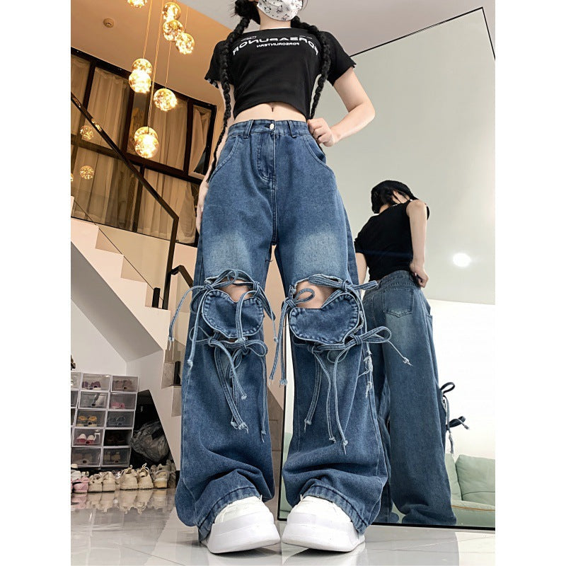 mvrsgreen 2000s fashion Jeans Women's Spring Dopamine Wear Retro Personality Love Strap Design Sense Wide Leg Straight Long Pants