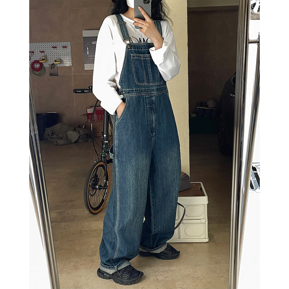 mvrsgreen comfy school outfits Early Autumn New Retro Workwear Denim Suspender Pants Adjustable Shoulder Strap Loose Wide Leg Casual Slimming Trousers for Women Fashion