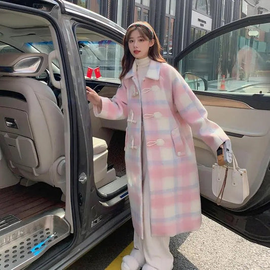 mvrsgreen comfy school outfits Korean Style College Style Coat Women's Autumn and Winter  New Pink Horn Buckle Woolen Coat Temperament Chanel Style Coat