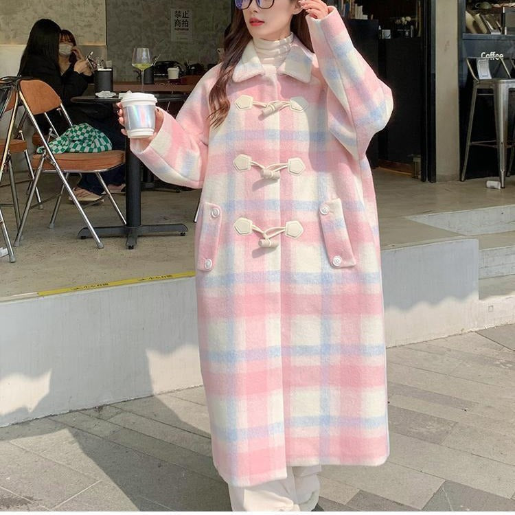 mvrsgreen comfy school outfits Korean Style College Style Coat Women's Autumn and Winter  New Pink Horn Buckle Woolen Coat Temperament Chanel Style Coat