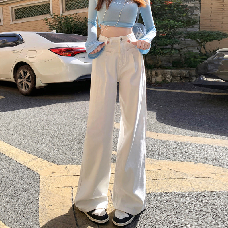 mvrsgreen women’s fall fashion 2024 Creamy-white Jeans Women's Spring and Autumn 2024 New High Waist Slimming Narrow Wide Leg Pants Loose Straight Mop Pants