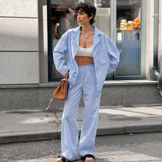 mvrsgreen outfit inspo Fall 2024 Blue Striped Long-Sleeved Trousers Women's Home Wear Comfortable Casual Pajamas Two-Piece Set