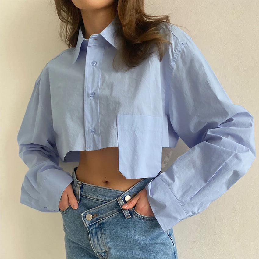 mvrsgreen 2024 fall fashion trends Asymmetric Stitching Short White Shirt 2024 Autumn New Style Navel-Exposed Fashion Casual Temperament Design Women's Clothing