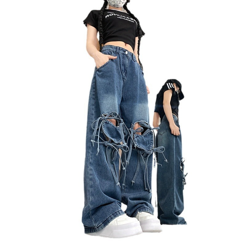 mvrsgreen 2000s fashion Jeans Women's Spring Dopamine Wear Retro Personality Love Strap Design Sense Wide Leg Straight Long Pants