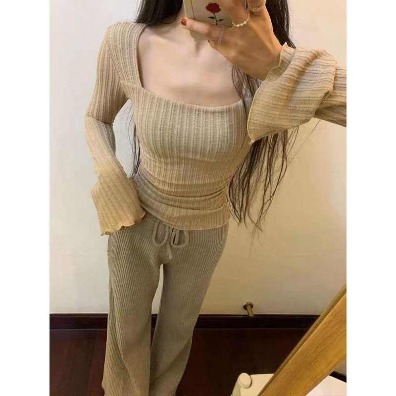 mvrsgreen college outfits Homemade Autumn and Winter Gentle Style Square Collar Slim Fit Western Style Slimming Lace Bell Sleeve Long Sleeve Top