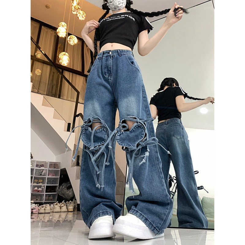 mvrsgreen 2000s fashion Jeans Women's Spring Dopamine Wear Retro Personality Love Strap Design Sense Wide Leg Straight Long Pants