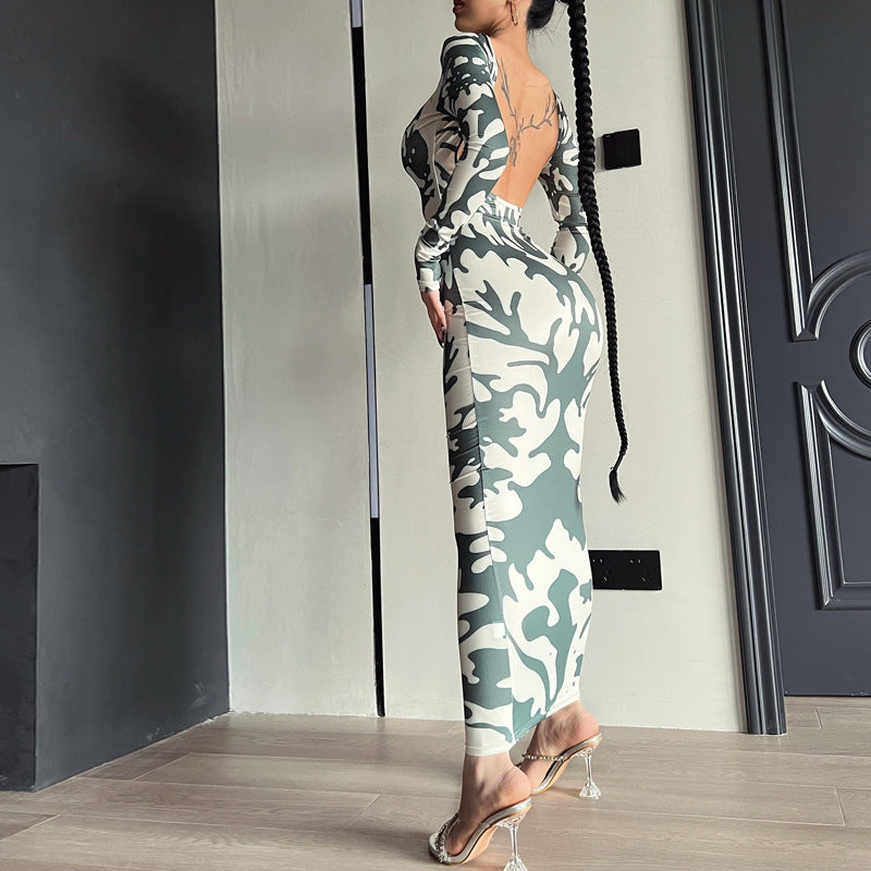 mvrsgreen dress to impress outfits Women's 2024 New Autumn Fashion Printed Slim Backless Long Sleeve Dress Women