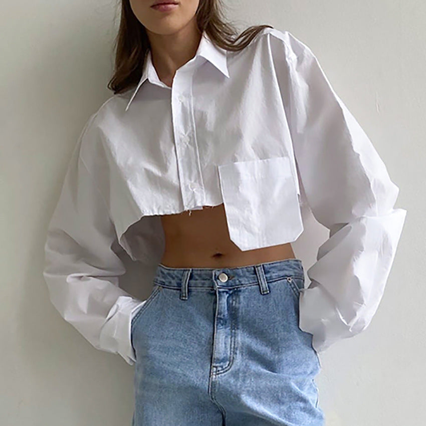 mvrsgreen 2024 fall fashion trends Asymmetric Stitching Short White Shirt 2024 Autumn New Style Navel-Exposed Fashion Casual Temperament Design Women's Clothing