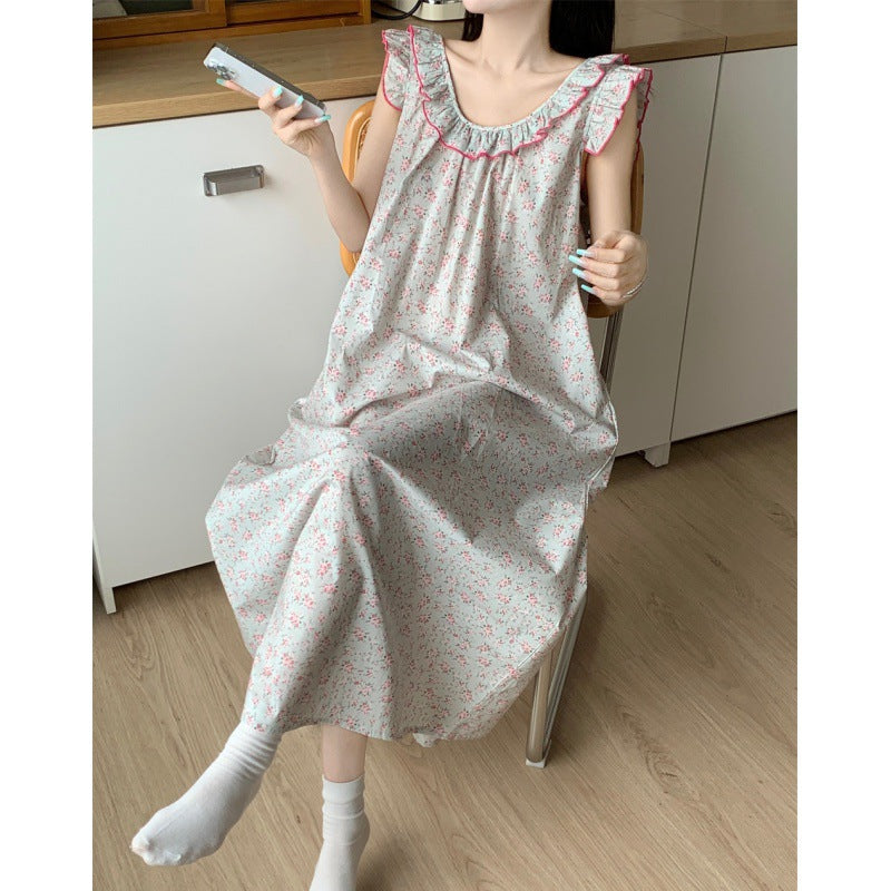 mvrsgreen alice in wonderland costume Korean Style Retro Floral Cotton Ruffled Strap Backless Pajamas Home Wear Nightdress for Women Summer New