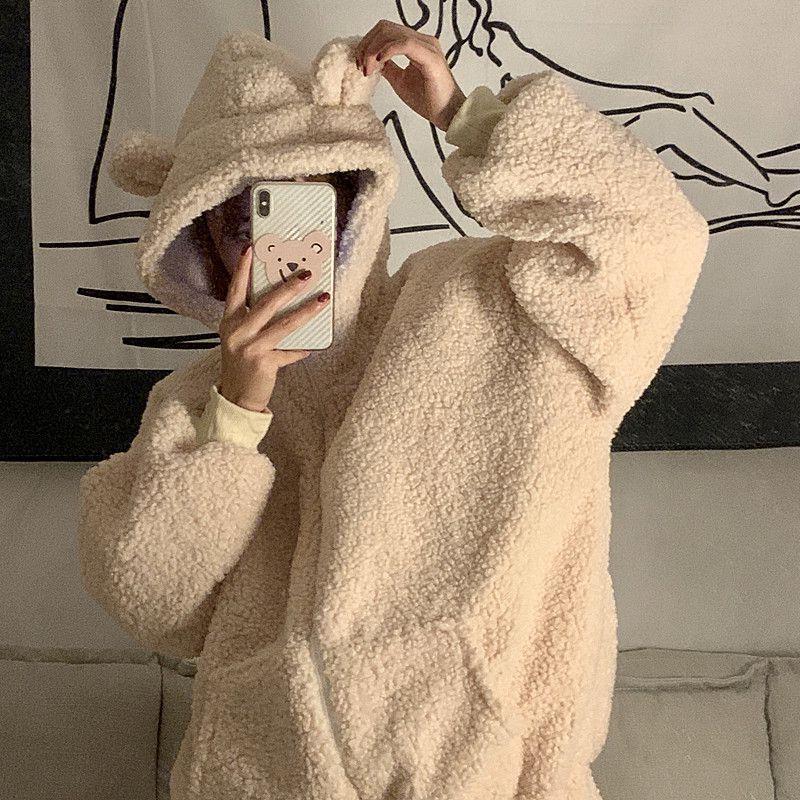 mvrsgreen comfy school outfits Winter Thickened Cute Bear Ears Imitation Lamb Fur Age-Reducing Zipper Long Sleeve Hooded Sweater Coat Female Student Fashion