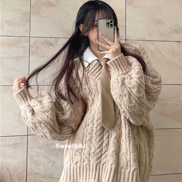 mvrsgreen college outfits Lazy Style Retro Thickened V-neck Loose Gray Twist Sweater Female Students Autumn and Winter Korean Style All-Match Sweater Fashion