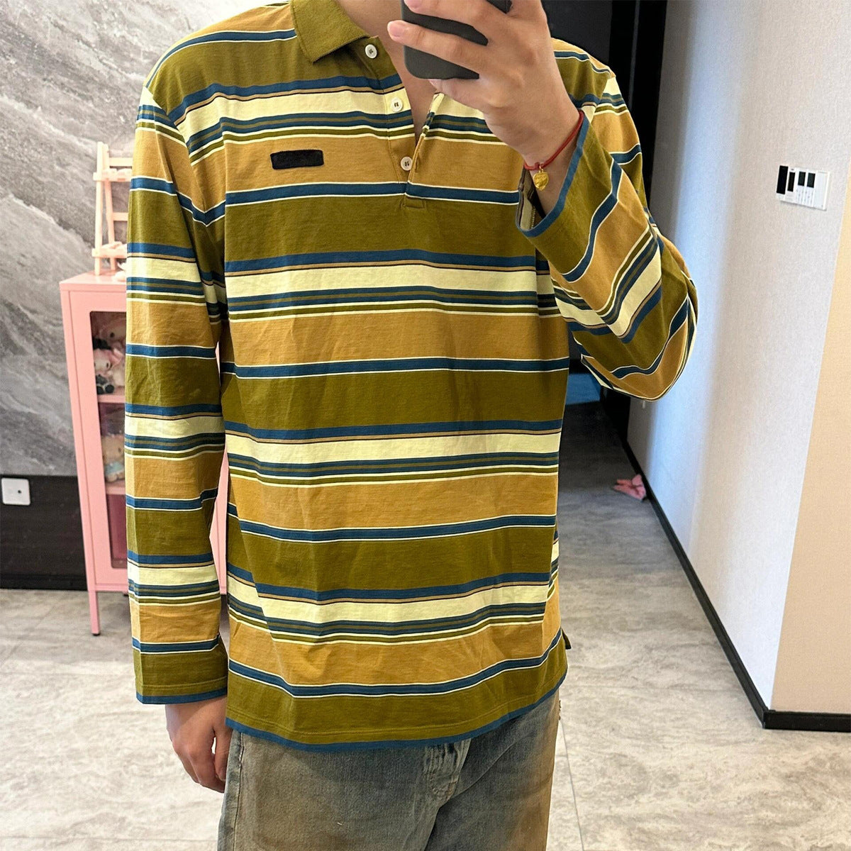 mvrsgreen y2k mm Couple Contrast Color Striped Polo Collar Long-Sleeved T-shirt 2024 Early Autumn Men's and Women's Same Oversize Mid-Length T-shirt