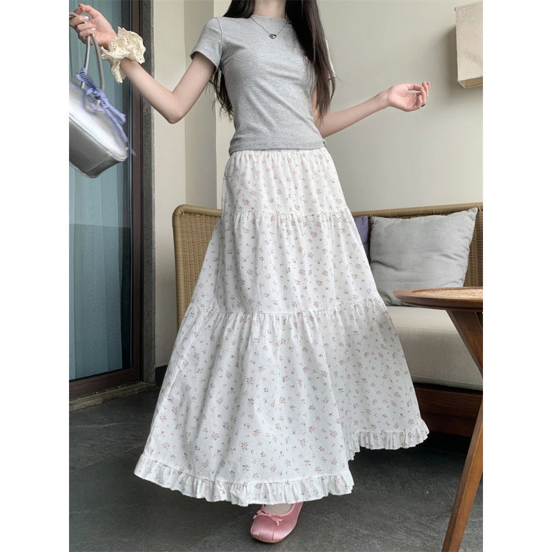 mvrsgreen 90s fashion Sweet Floral Wooden Ear Cake Skirt Women's Summer Skirt Slimming High Waist A- line Skirt Mid-Length Umbrella Skirt