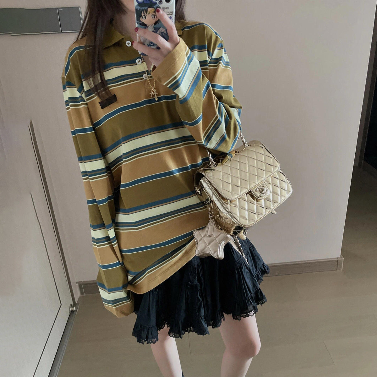 mvrsgreen y2k mm Couple Contrast Color Striped Polo Collar Long-Sleeved T-shirt 2024 Early Autumn Men's and Women's Same Oversize Mid-Length T-shirt