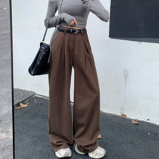 mvrsgreen summer outfits inspo Brown Wide-Leg Pants Women's Jeans Autumn Maillard High Waist Loose Slimming Drape Casual Mopping Long Pants