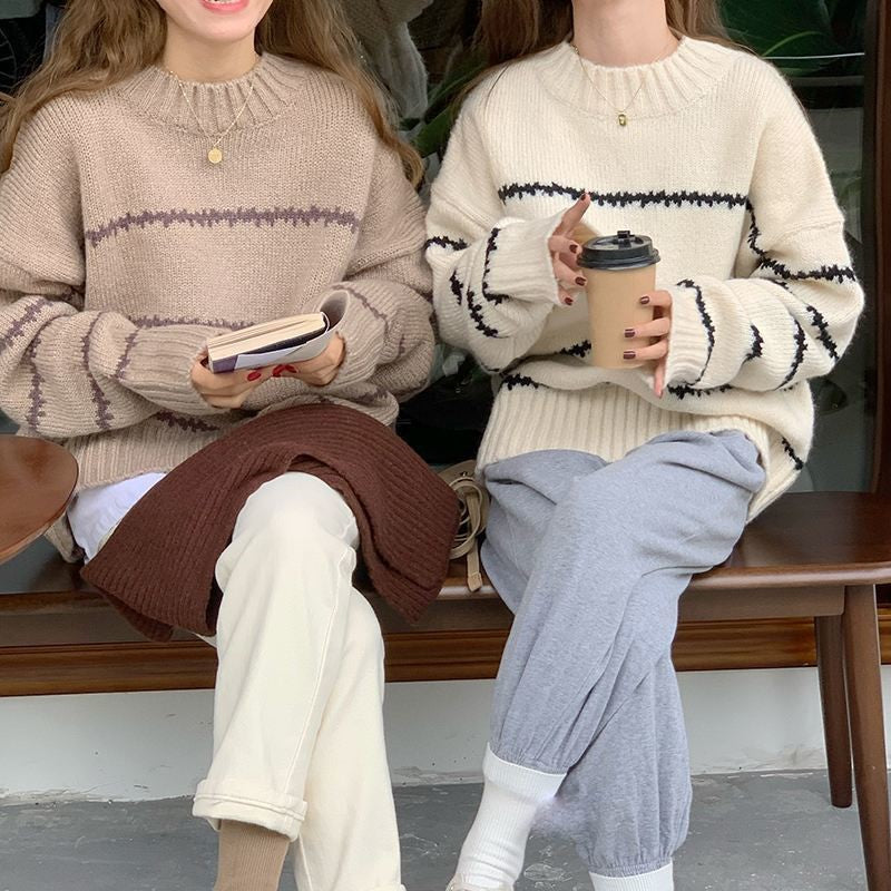 mvrsgreen outfit ideas for school Retro Japanese Style Lazy Loose Sweater Women's Thickened Autumn and Winter  New Long Sleeve Striped Half Turtleneck Sweater