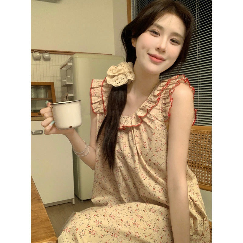 mvrsgreen alice in wonderland costume Korean Style Retro Floral Cotton Ruffled Strap Backless Pajamas Home Wear Nightdress for Women Summer New