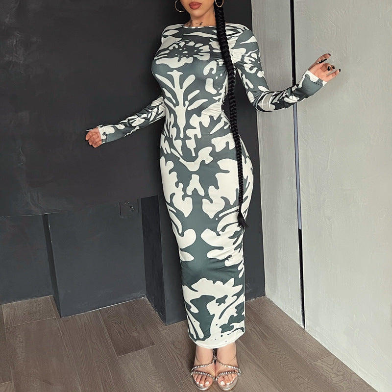 mvrsgreen dress to impress outfits Women's 2024 New Autumn Fashion Printed Slim Backless Long Sleeve Dress Women