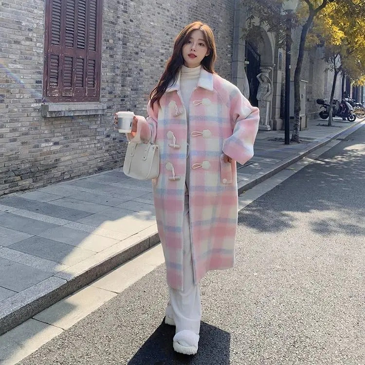 mvrsgreen comfy school outfits Korean Style College Style Coat Women's Autumn and Winter  New Pink Horn Buckle Woolen Coat Temperament Chanel Style Coat