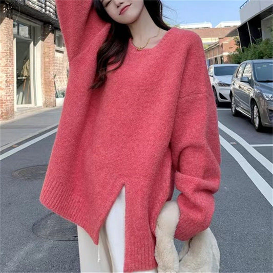 mvrsgreen fall outfits aesthetic Lazy Style round Neck Split Autumn and Winter New Soft Nuo Sweater Simple Loose All-Match Outer Sweater Women's Clothing