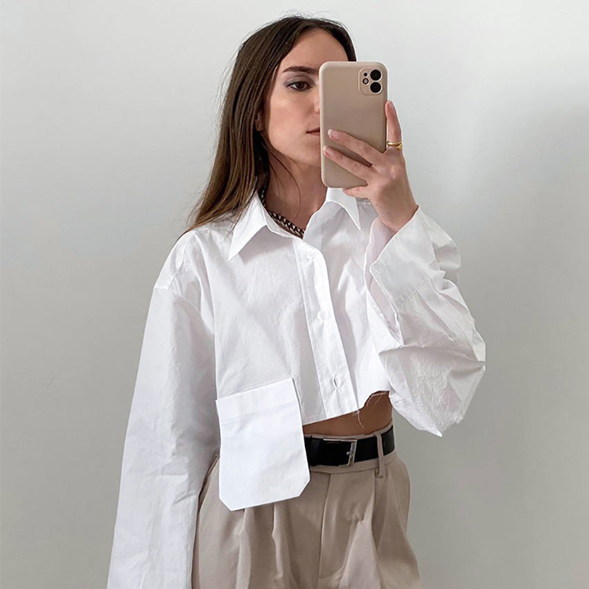 mvrsgreen 2024 fall fashion trends Asymmetric Stitching Short White Shirt 2024 Autumn New Style Navel-Exposed Fashion Casual Temperament Design Women's Clothing