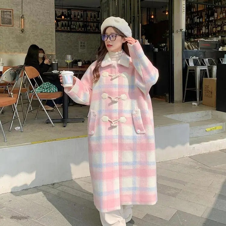 mvrsgreen comfy school outfits Korean Style College Style Coat Women's Autumn and Winter  New Pink Horn Buckle Woolen Coat Temperament Chanel Style Coat