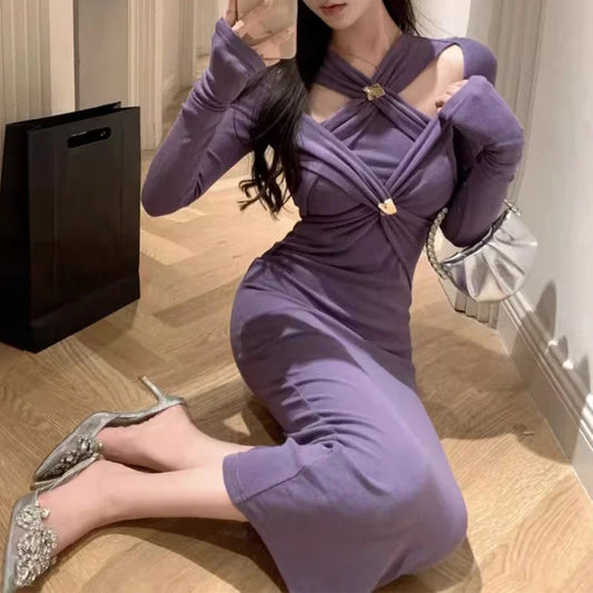 mvrsgreen Vintage Hollow Strapless Pleated Sexy Long-sleeved Dress Women  Spring New Korean Solid Color Elegant Mid-length Dress