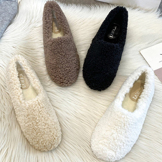 mvrsgreen Winter Luxury Lambwool Moccasins Femme Cotton Shoes New Women Warm Plush Loafers Curly Sheep Fur Flats Woman Shoes Slippers