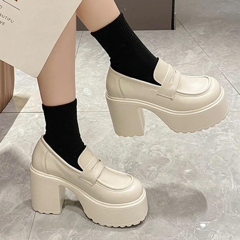 mvrsgreen Black White Chunky Platform Loafers Women Autumn Thick High Heel Pumps Woman Slip On Pu Leather Goth Shoes Female