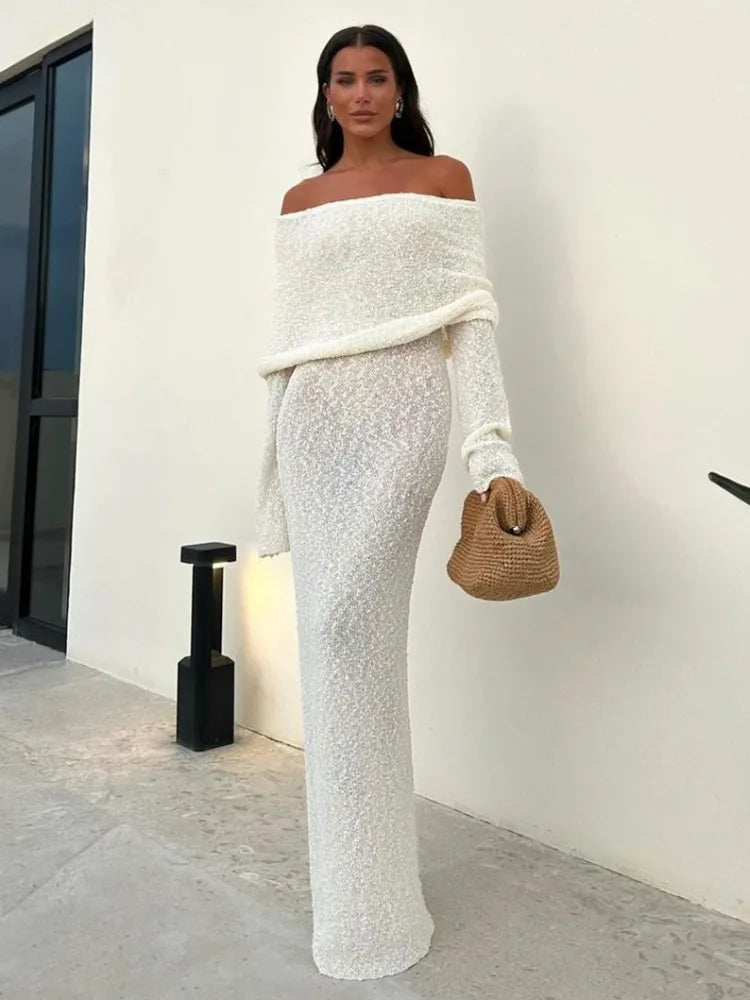 lovwvol - Knit Hollow Out Off-Shoulder Maxi Dress Female Cover up Loose Long Sleeve Holiday Beach Party Dress Women Knitwear Dress