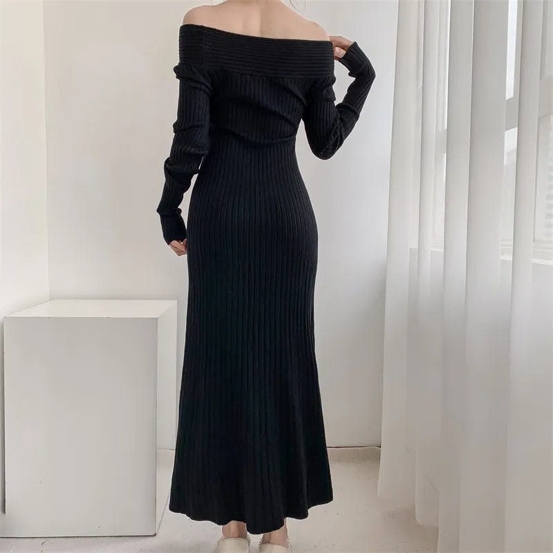 mvrsgreen - New  Autumn Winter Long Sweater Dress Women Slash Neck Cross Elegant Knitted Dresses Rib Cotton Maxi Dresses Female