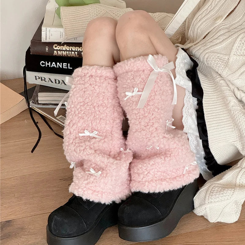 mvrsgreen New Bow Lamb Leg Warmers Winter Warm Plush Boots Cover Socks Half Leg Socks Y2K Women Gothic Lolita Kawaii Jk Accessories