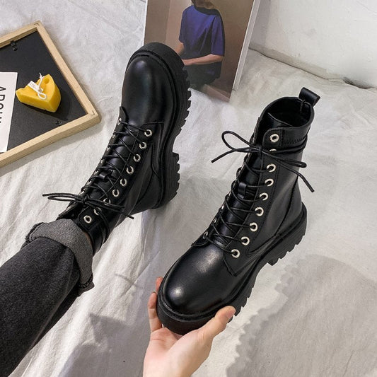 Rimocy White Black PU Leather Ankle Boots Women Autumn Winter Round Toe Lace Up Shoes Woman Fashion Motorcycle Platform Botas