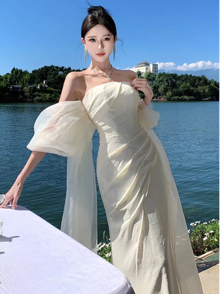 mvrsgreen Elegant Solid Formal Ocassion Dresses Summer Chic Backless Wedding Party Vestidos Female Fashion Straps Slim Robe  New