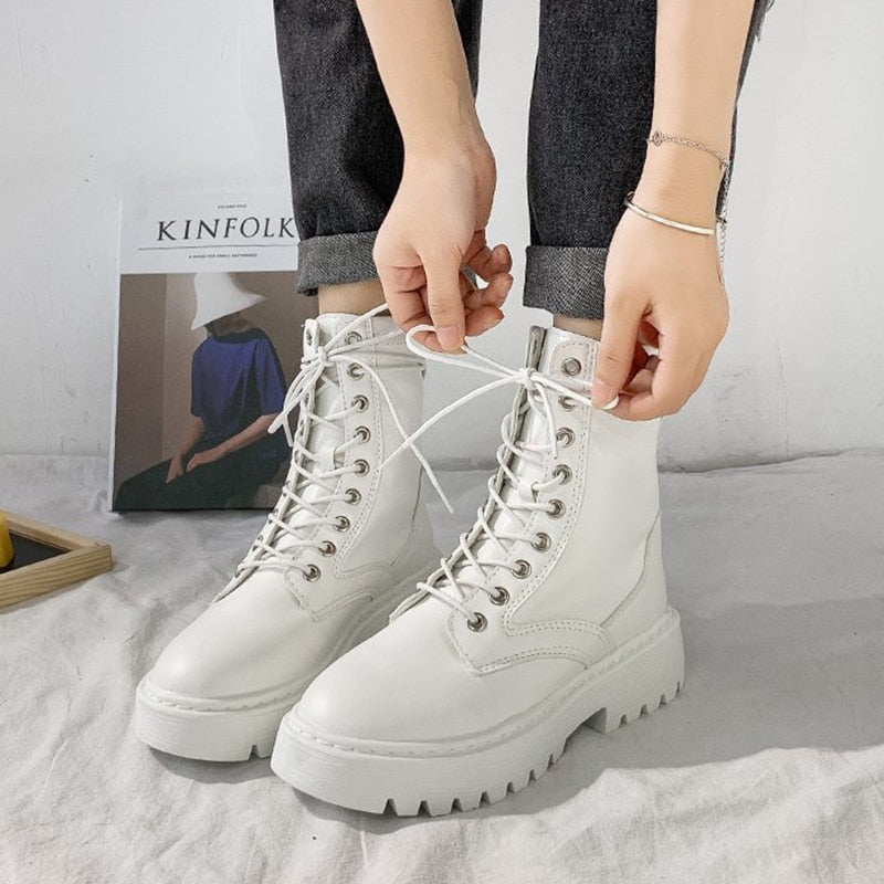 Rimocy White Black PU Leather Ankle Boots Women Autumn Winter Round Toe Lace Up Shoes Woman Fashion Motorcycle Platform Botas