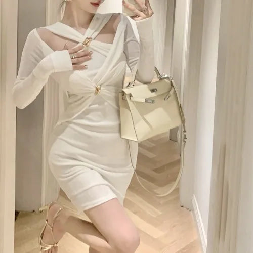 mvrsgreen 2024 Women Autumn Elegant Office Lady Bodycon Hollow Out Mini Dress French Vintage Y2k Dress Korean Retro Fashion Clothing