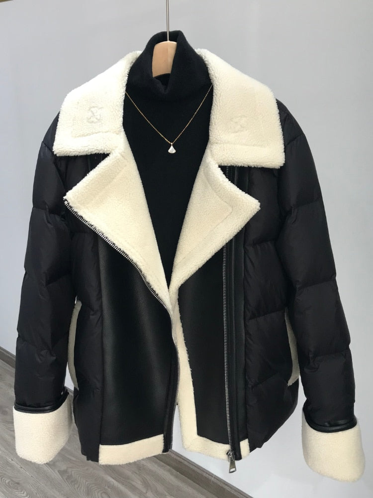 mvrsgreen New Winter Motorcycle Jacket Women High Street Faux Lamb Leather Patchwork White Duck Down Coat Lady Thick Warm PU Outwear