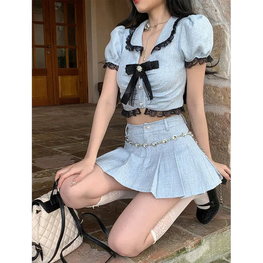 mvrsgreen Korea Summer Sweet Two Piece Mini Skirts Sets Kawaii Lolita Peter Pan Collar Bow Crop Top + Mini Skirt Suit Blue Outfit Outwear