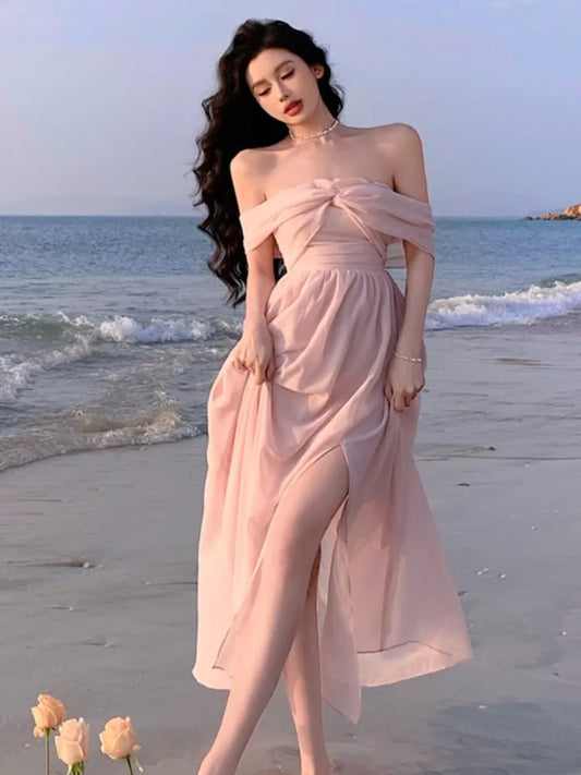 mvrsgreen France Elegant Backless Chiffon Beach Dresses Korean Chic A-line Pink Fairy Dress Summer Casual Vocation Party Club Vestidos