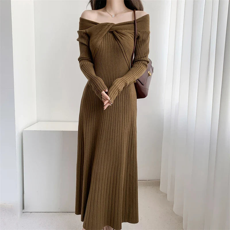 mvrsgreen - New  Autumn Winter Long Sweater Dress Women Slash Neck Cross Elegant Knitted Dresses Rib Cotton Maxi Dresses Female