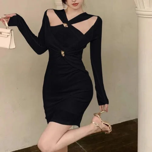 mvrsgreen 2024 Women Autumn Elegant Office Lady Bodycon Hollow Out Mini Dress French Vintage Y2k Dress Korean Retro Fashion Clothing