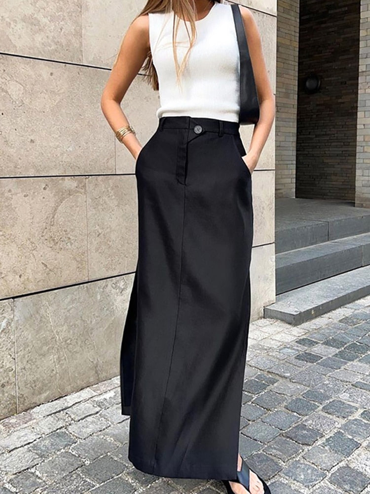 mvrsgreen Black Skirt Women Autumn Streetwear High Waisted Pencil Long Skirts Dress Femme Casual Split Vintage Silk Skirt