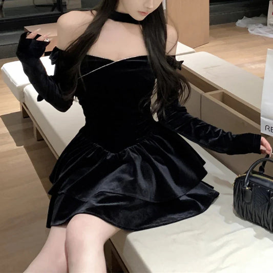 mvrsgreen Off-shoulder Sexy Slim Velvet Black Long-sleeved Dress Women  Spring New Korean Fashion Bow Pleated Halter Party Dress