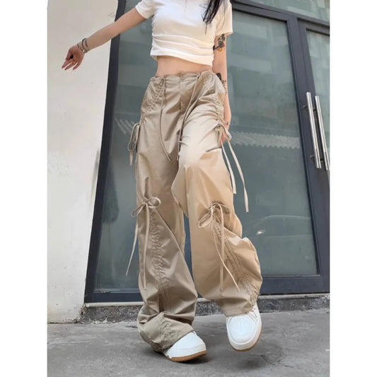 mvrsgreen Korean Retro Bow Lace-up Pleated Loose Cargo Pants Women 2024 Summer New Streetwear High Waist Solid Color Casual Wide Leg Pants