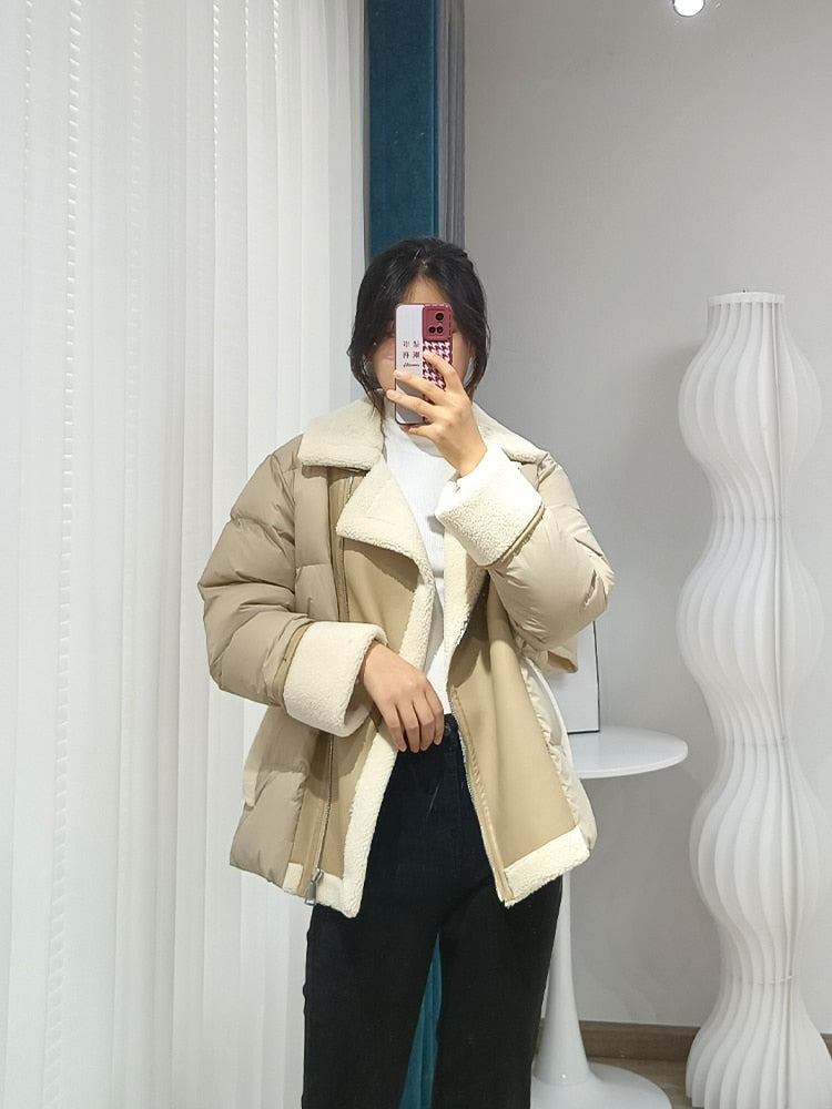 mvrsgreen New Winter Motorcycle Jacket Women High Street Faux Lamb Leather Patchwork White Duck Down Coat Lady Thick Warm PU Outwear