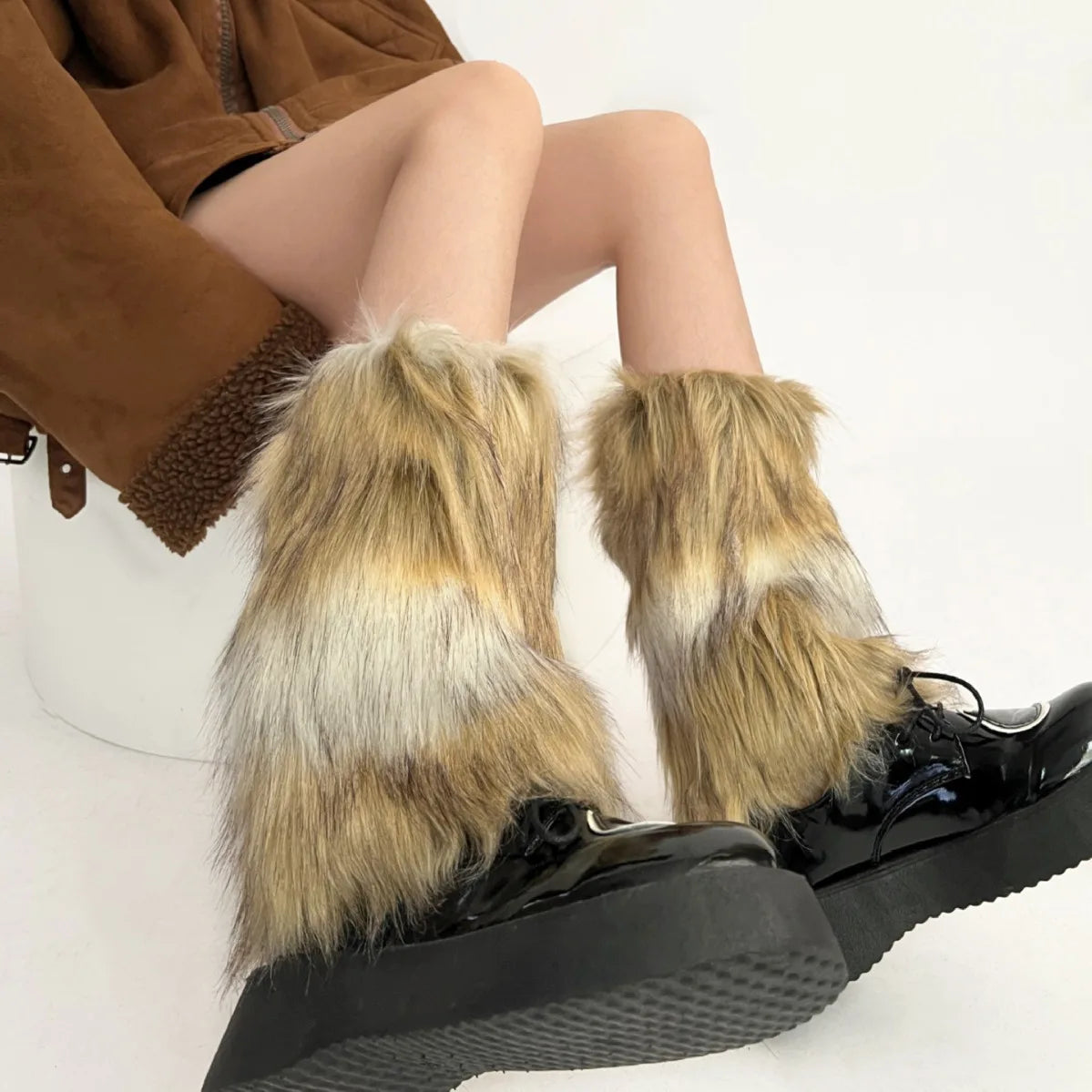 mvrsgreen Vintage Imitation Faux Fur Leg Warmers Retro Modern Y2k Brown Winter Warm Boots Cover Socks Punk Jk Knee-length Party Sock