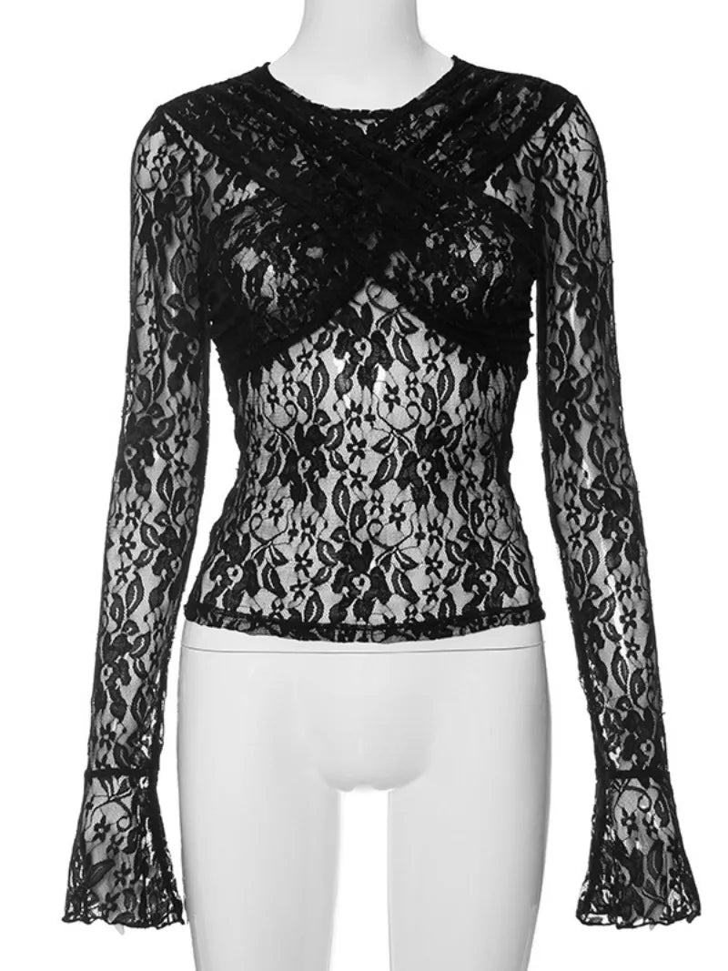 mvrsgreen Woman Clothing  Spring O-neck Long Sleeve Lace T-shirts Sexy Hollow Out See Through Slim Black Tees Night Club Crop Tops